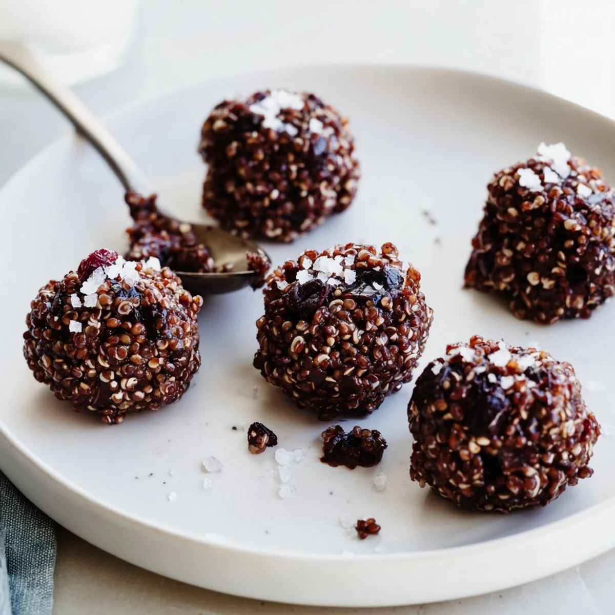 Dark chocolate quinoa crunch bites topped with flaky sea salt on a rustic wooden board