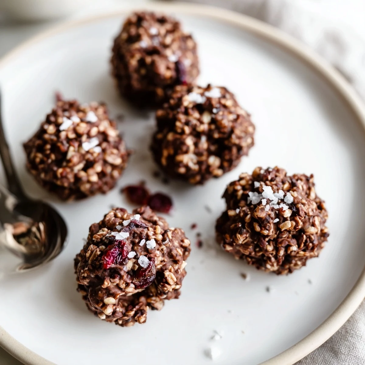 Glossy no-bake chocolate quinoa crunch bites arranged on a white plate for easy gluten-free snacking