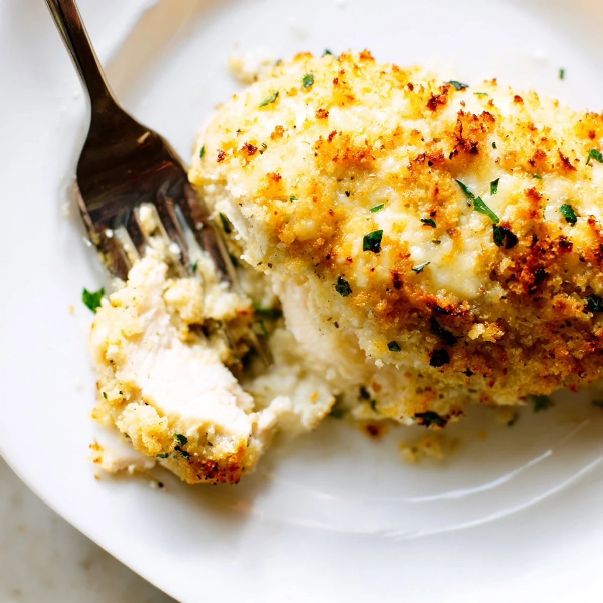 Creamy ricotta chicken bake with golden herb breadcrumb crust fresh from the oven