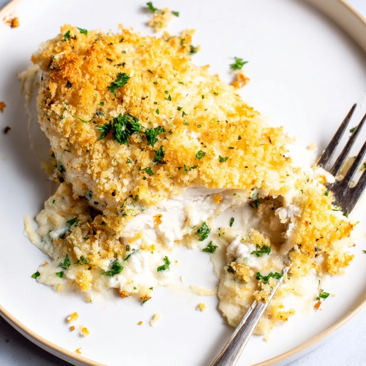 Ricotta chicken bake topped with melted mozzarella and served on a white plate