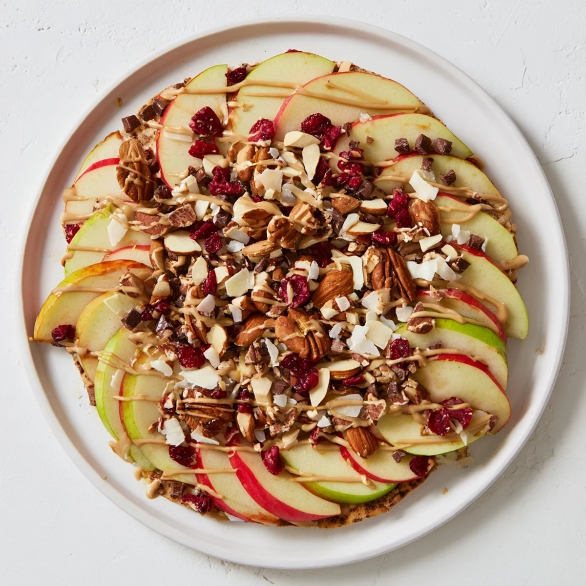 Crispy apple nachos topped with shredded coconut, chocolate chips, and cinnamon tahini drizzle