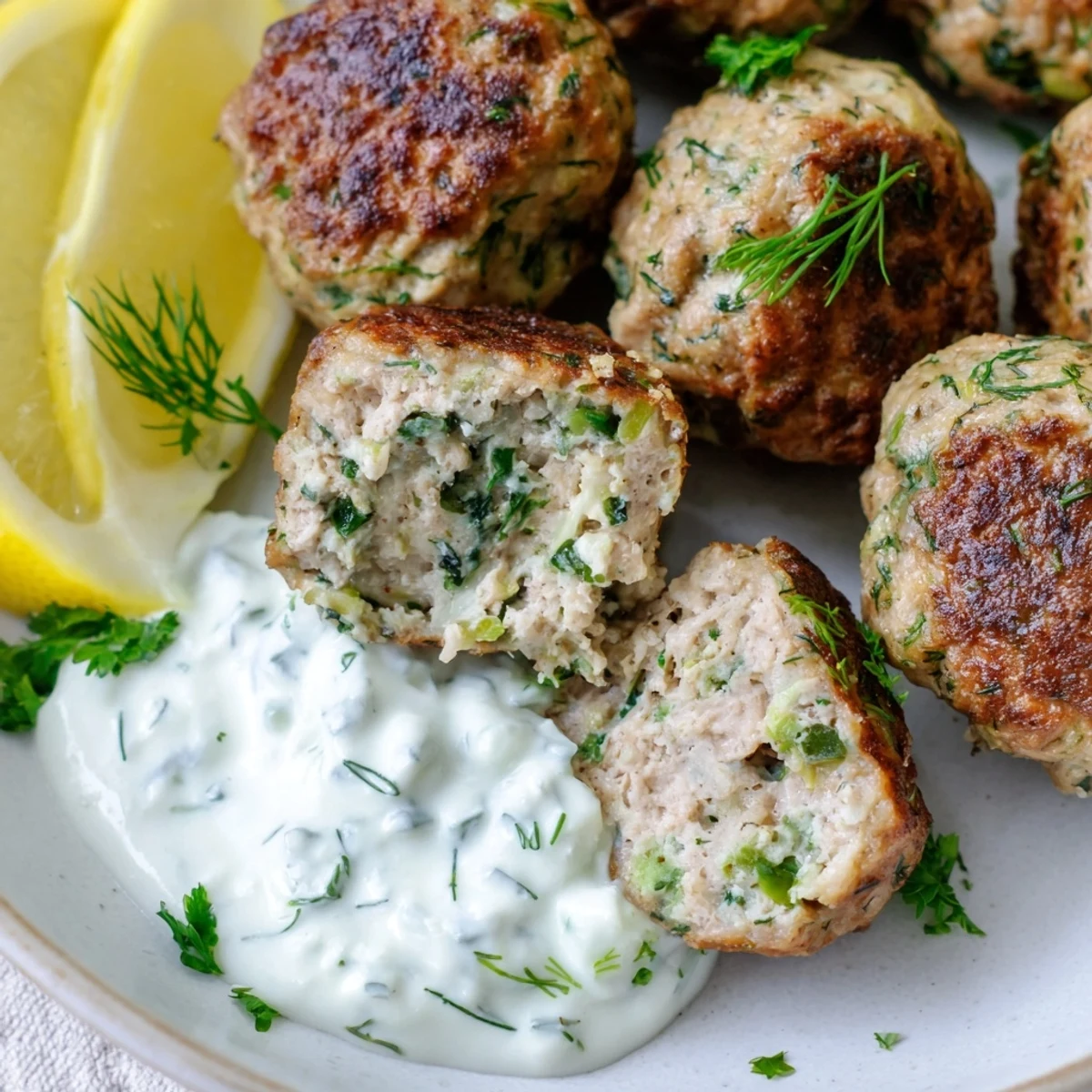 Golden brown Greek turkey meatballs drizzled with cool, creamy tzatziki on a rustic white plate