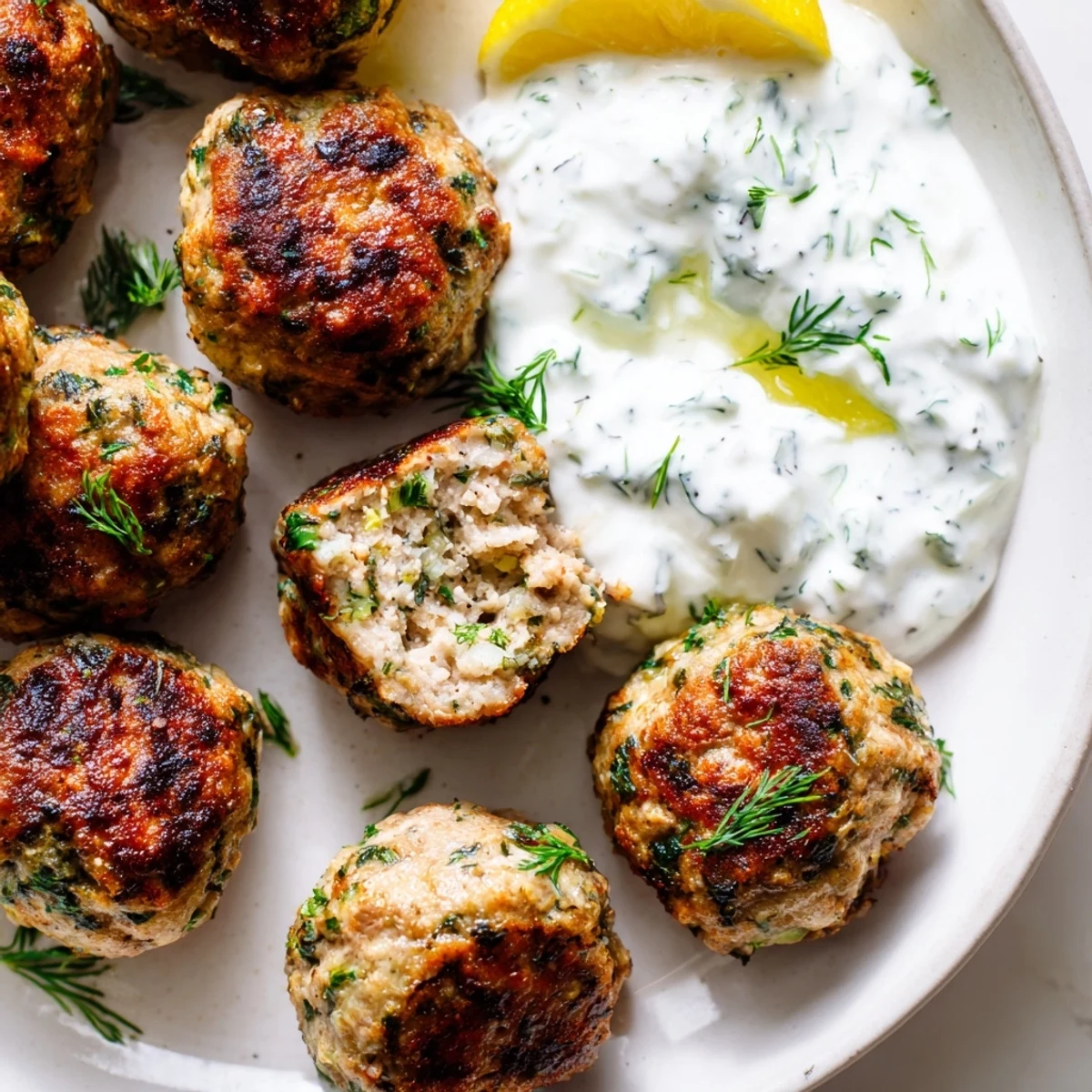 Juicy herb-crusted Greek turkey meatballs nestled beside a bowl of refreshing cucumber tzatziki sauce
