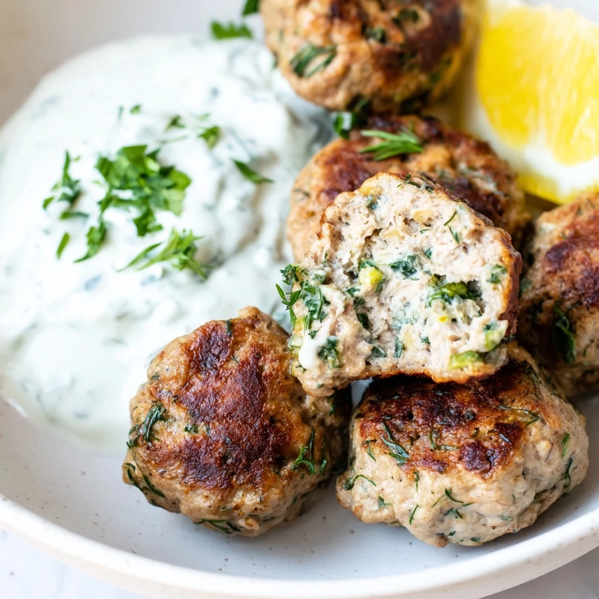 Pan-seared Greek turkey meatballs garnished with fresh dill, lemon wedges, and a generous tzatziki dollop