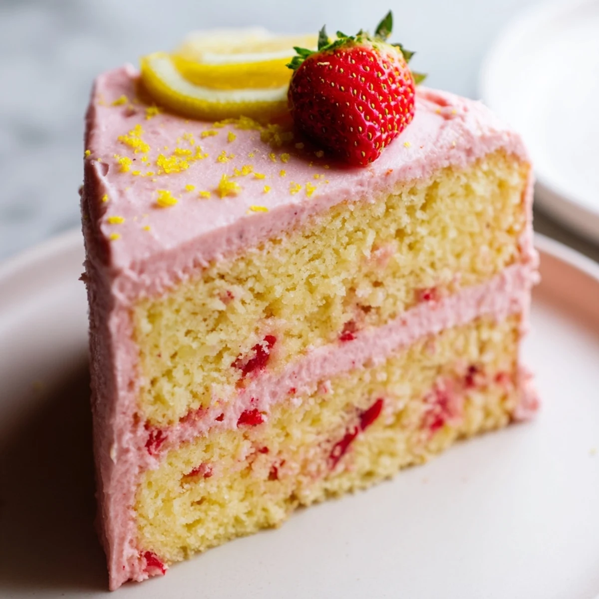 A slice of strawberry lemonade cake topped with pink frosting and fresh berries
