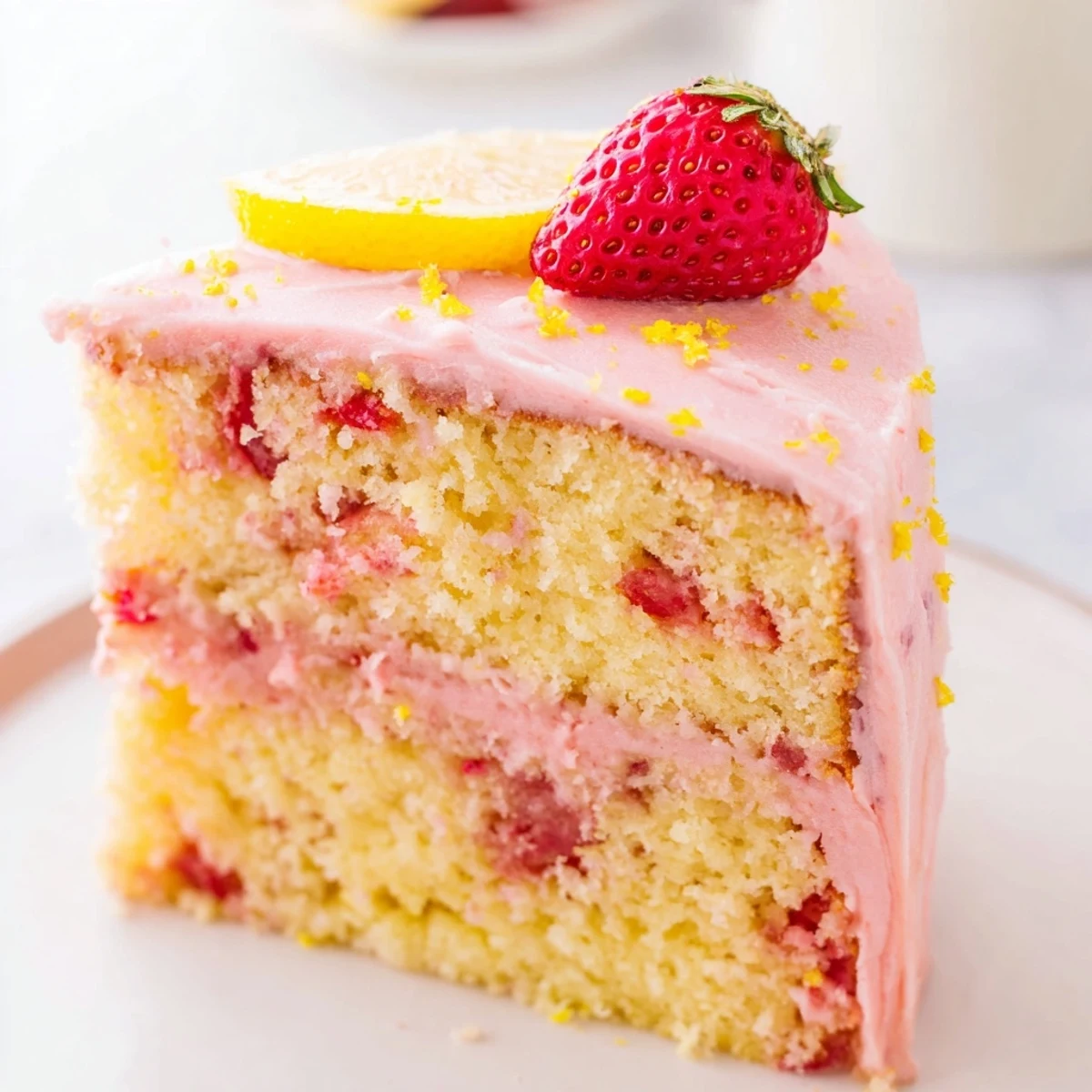 Moist strawberry lemonade cake layered with tangy citrus frosting on a dessert plate