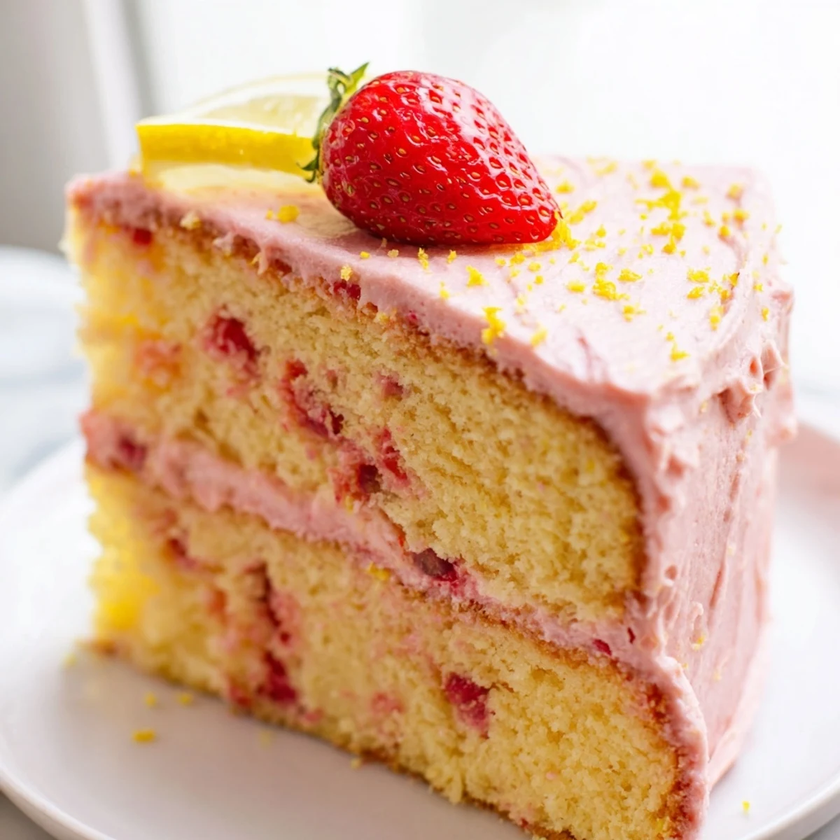 Homemade strawberry lemonade cake garnished with lemon zest and sliced ripe strawberries