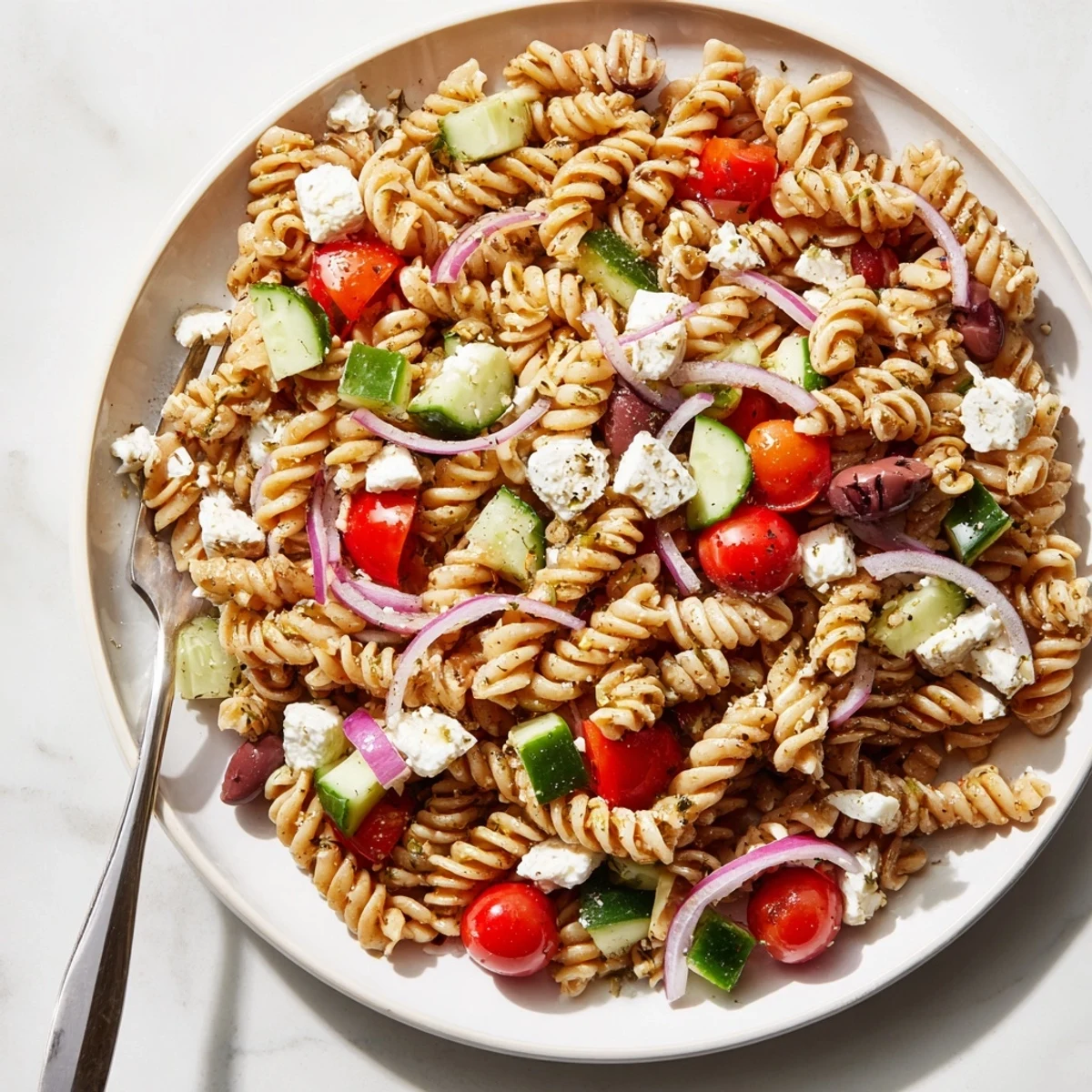 Colorful Greek Pasta Salad loaded with crunchy veggies, tangy feta, and briny olives
