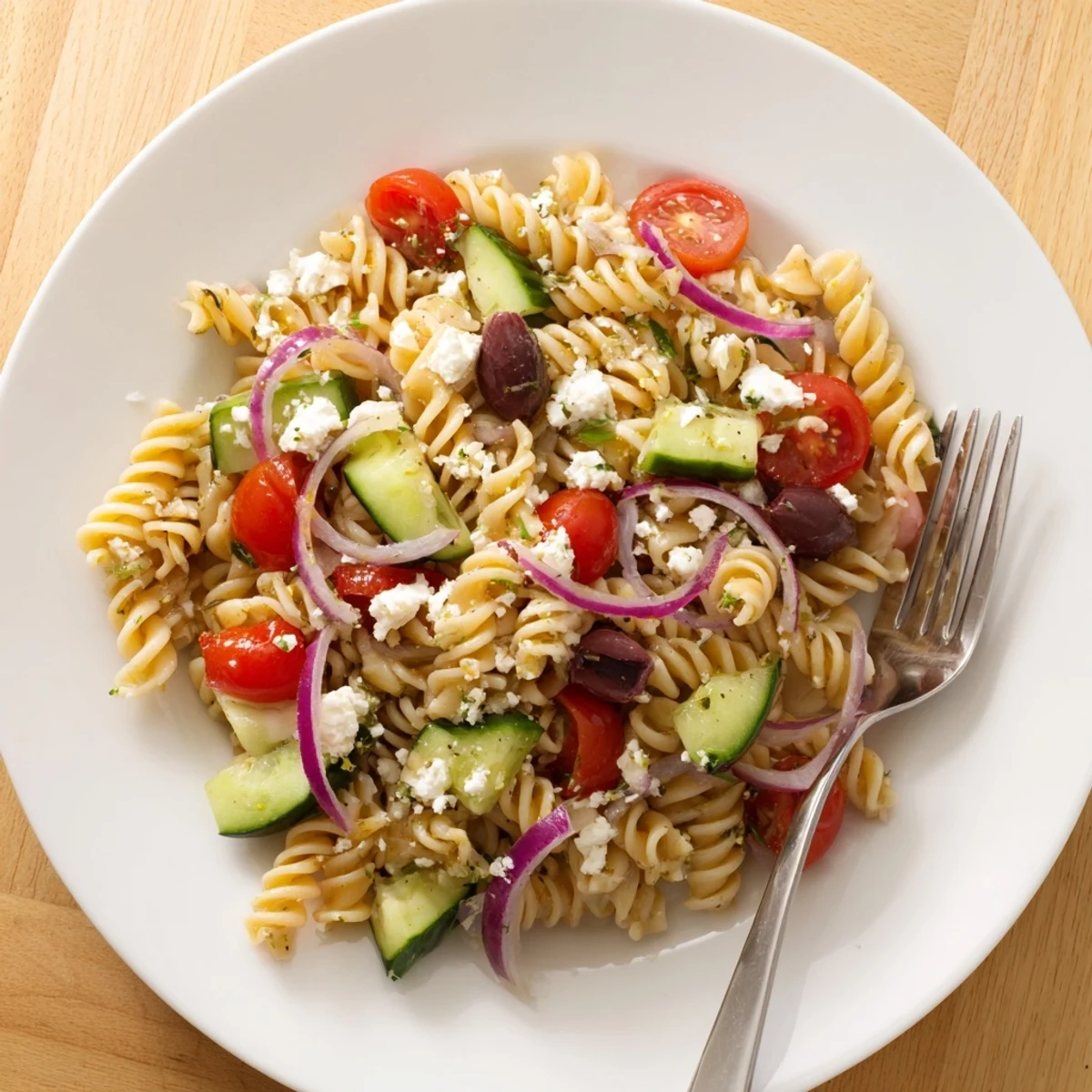 Chilled Greek Pasta Salad served in a rustic bowl with a glossy vinaigrette
