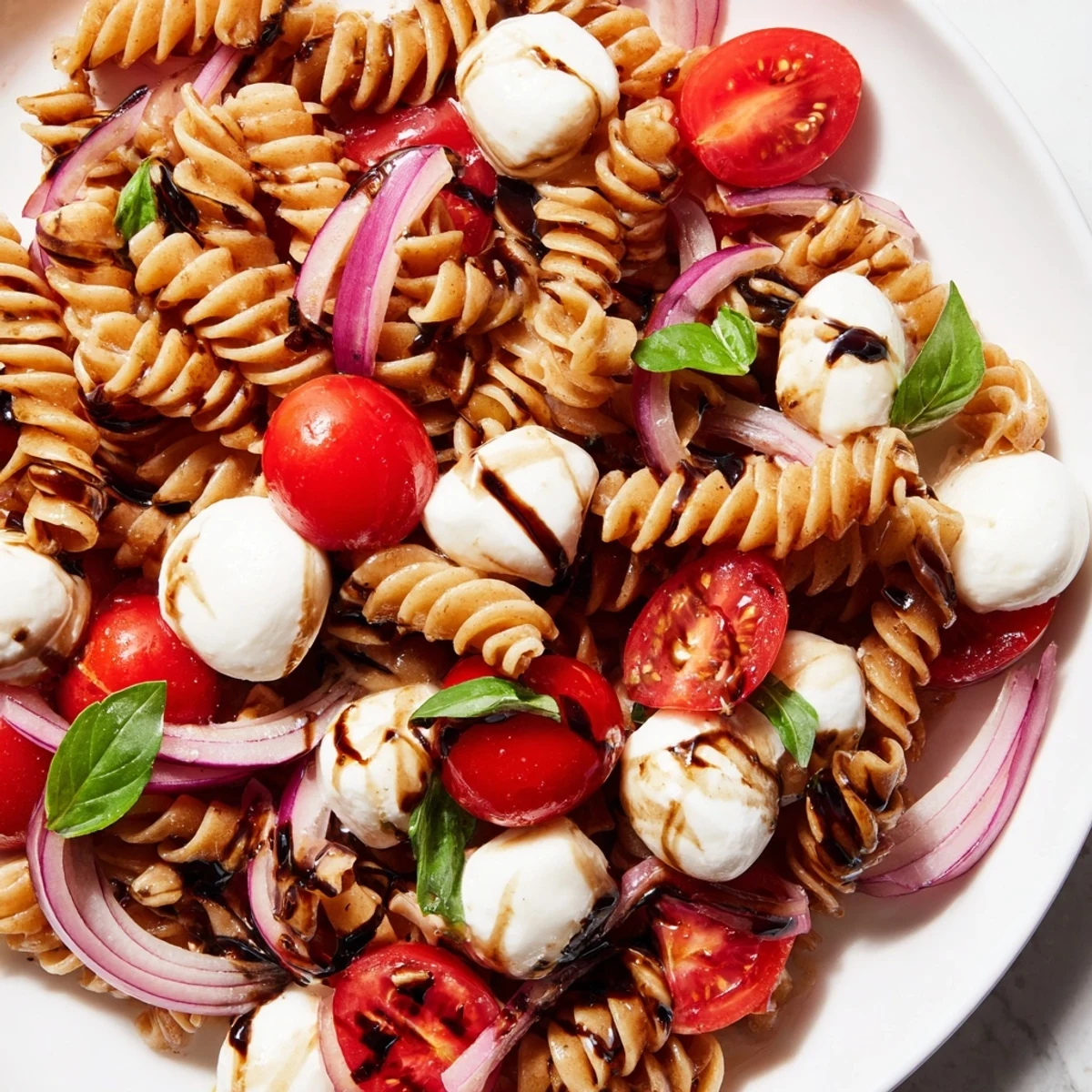 Colorful Caprese Pasta Salad with cherry tomatoes, mozzarella, and fresh basil on a rustic serving platter