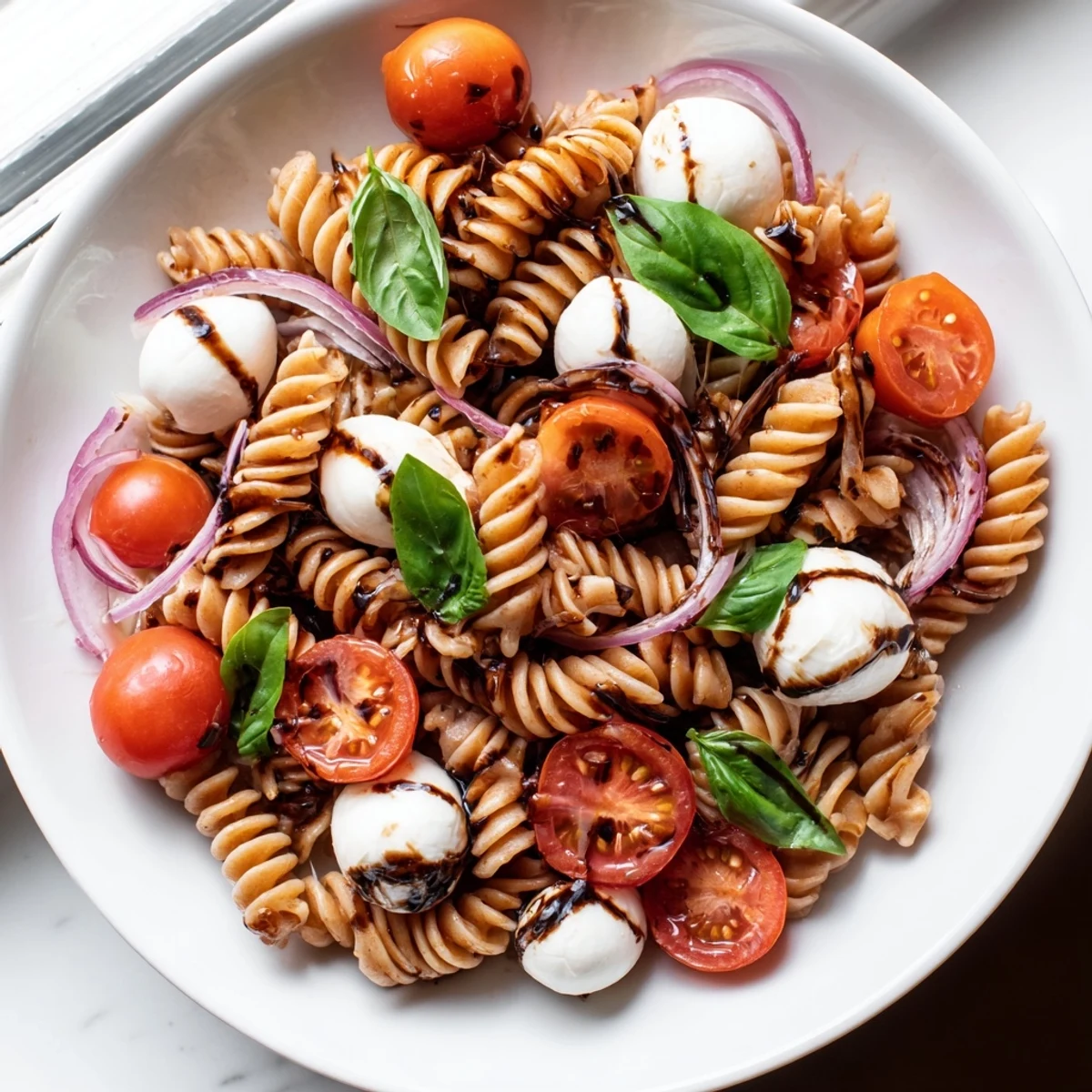 Creamy mozzarella and vibrant tomatoes tossed in Caprese Pasta Salad with a glossy dressing
