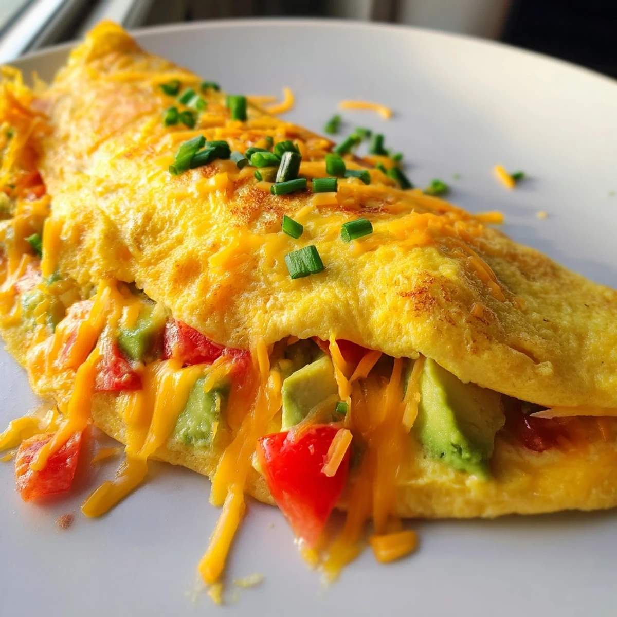 Golden folded avocado cheesy tomato omelette with melted cheddar oozing from the center