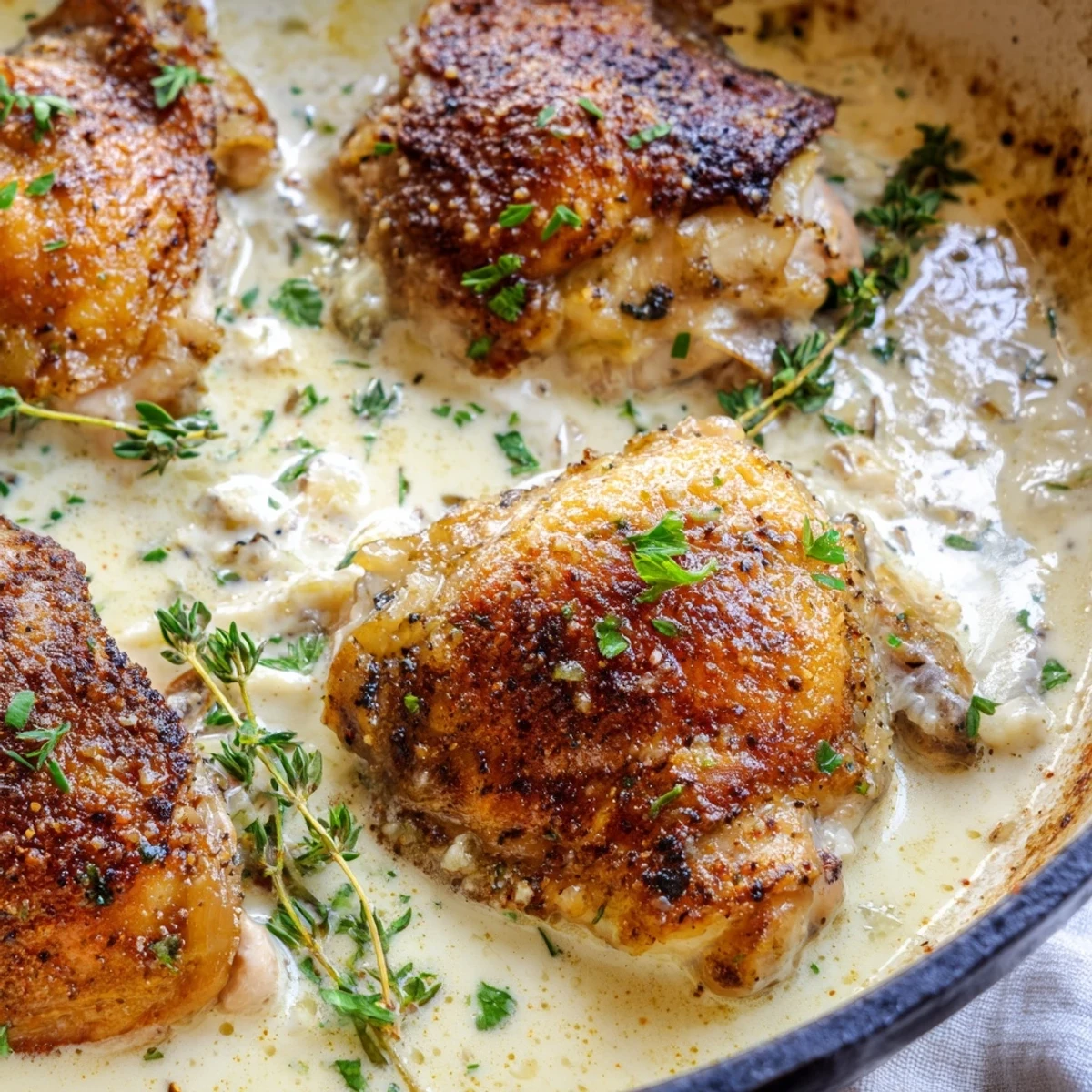 Golden creamy oven baked chicken thighs swimming in a rich garlic herb sauce