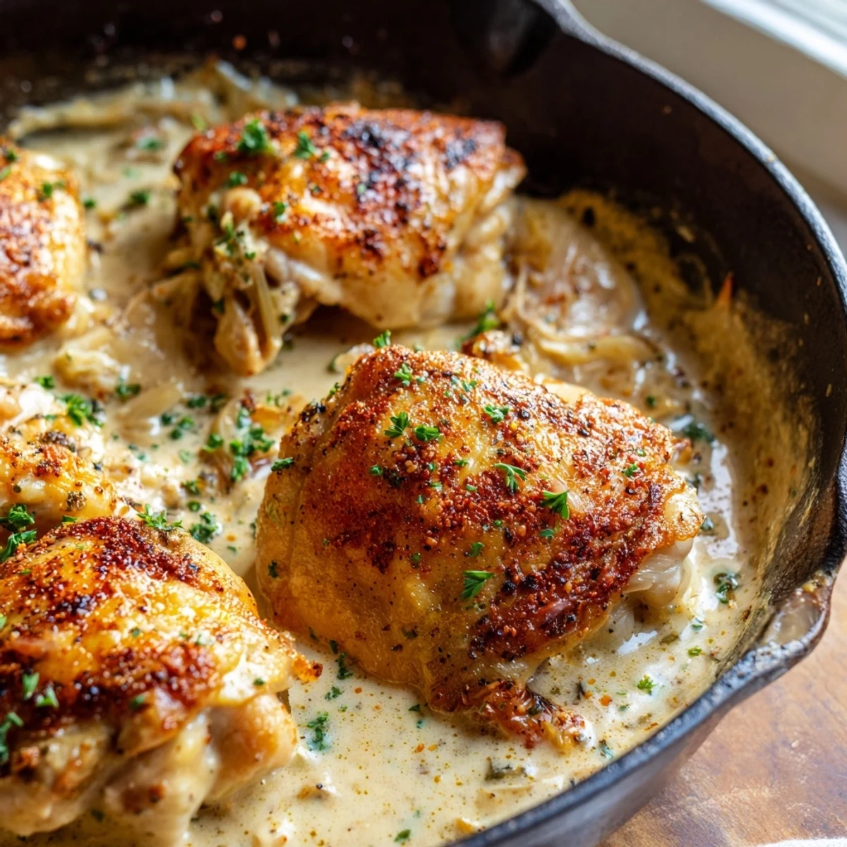 Crispy-skinned creamy oven baked chicken thighs nestled in a velvety thyme cream sauce