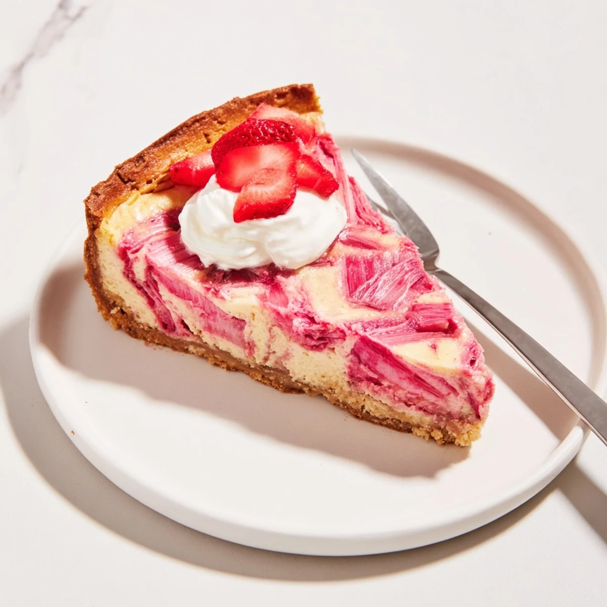 Creamy keto rhubarb cheesecake slice with vibrant pink swirl on almond crust