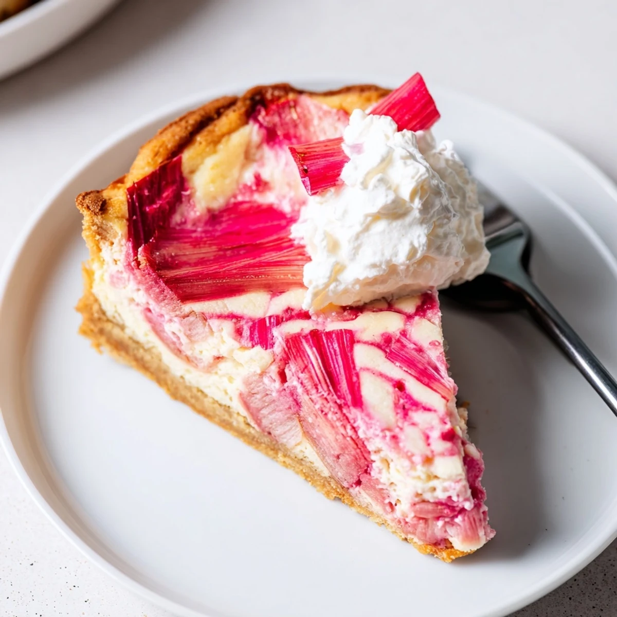 Low-carb rhubarb cheesecake topped with fresh whipped cream, served on a rustic white dish