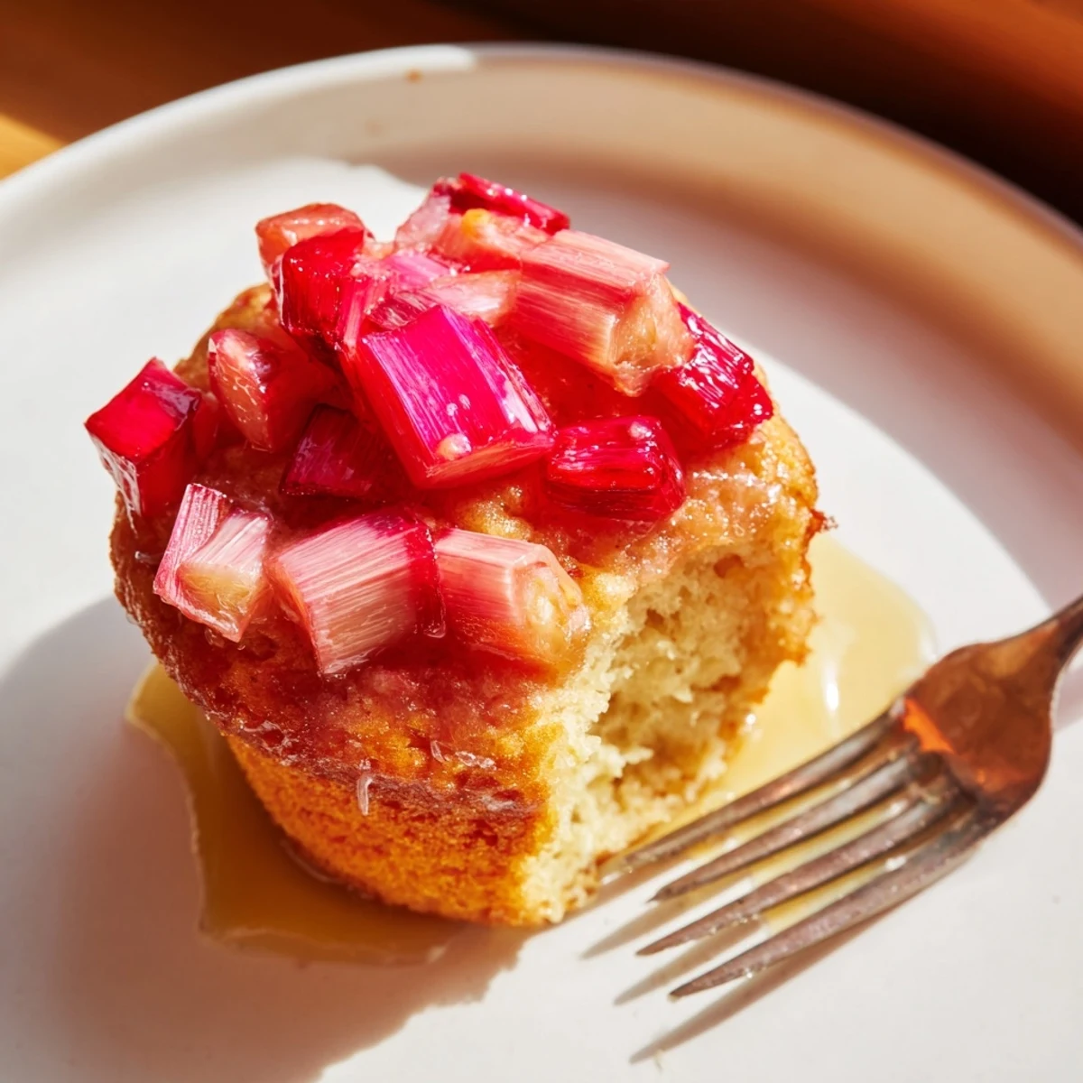 Golden upside down rhubarb muffins with caramelized fruit and tender vanilla-scented crumb