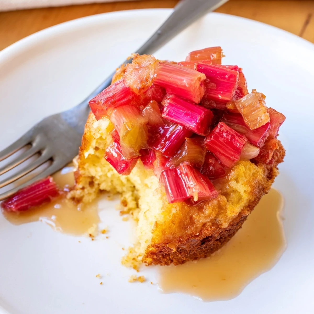 Irresistible upside down rhubarb muffins served warm on a wire cooling rack, glistening with sticky ruby topping