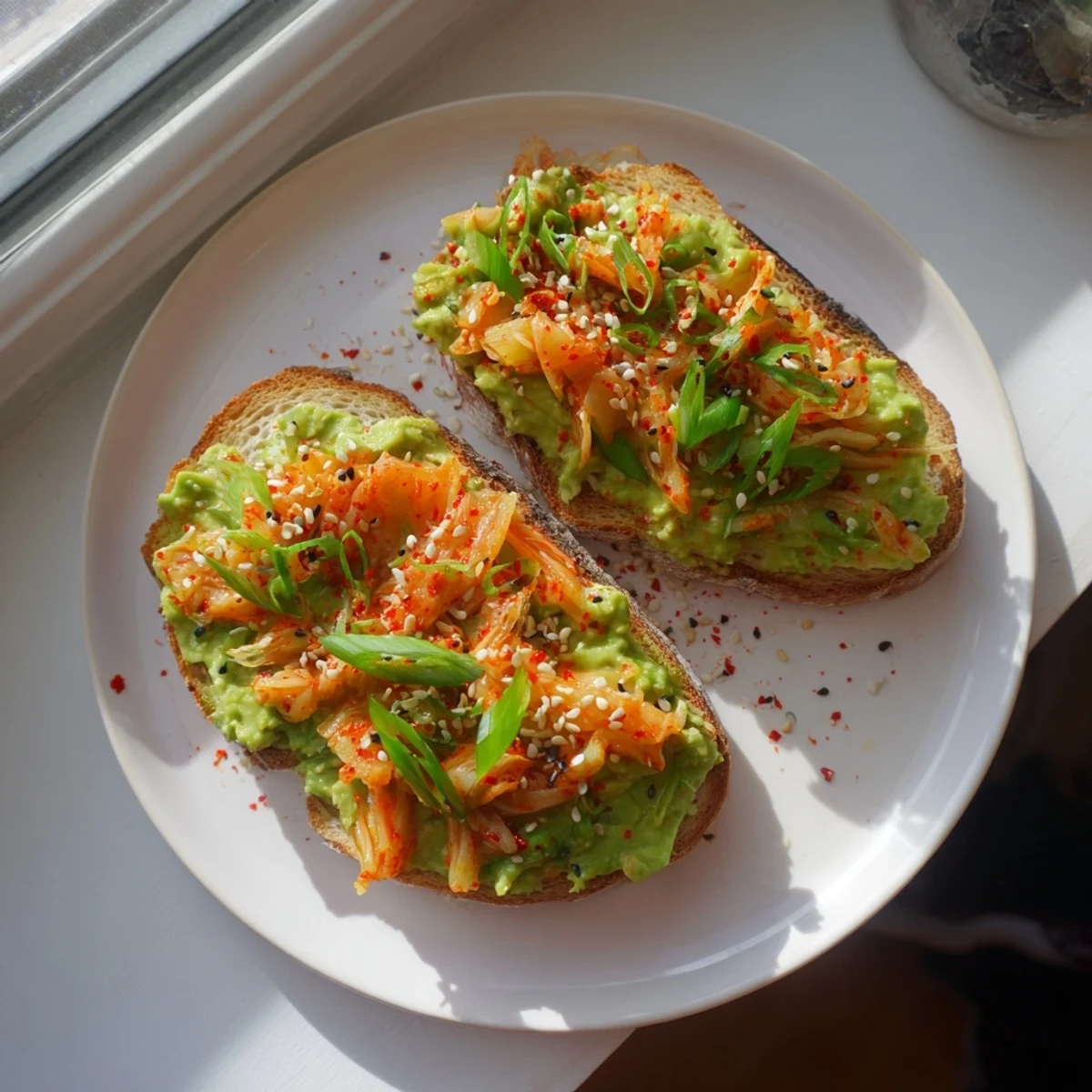 Creamy kimchi avocado toast topped with sesame seeds on crispy sourdough bread