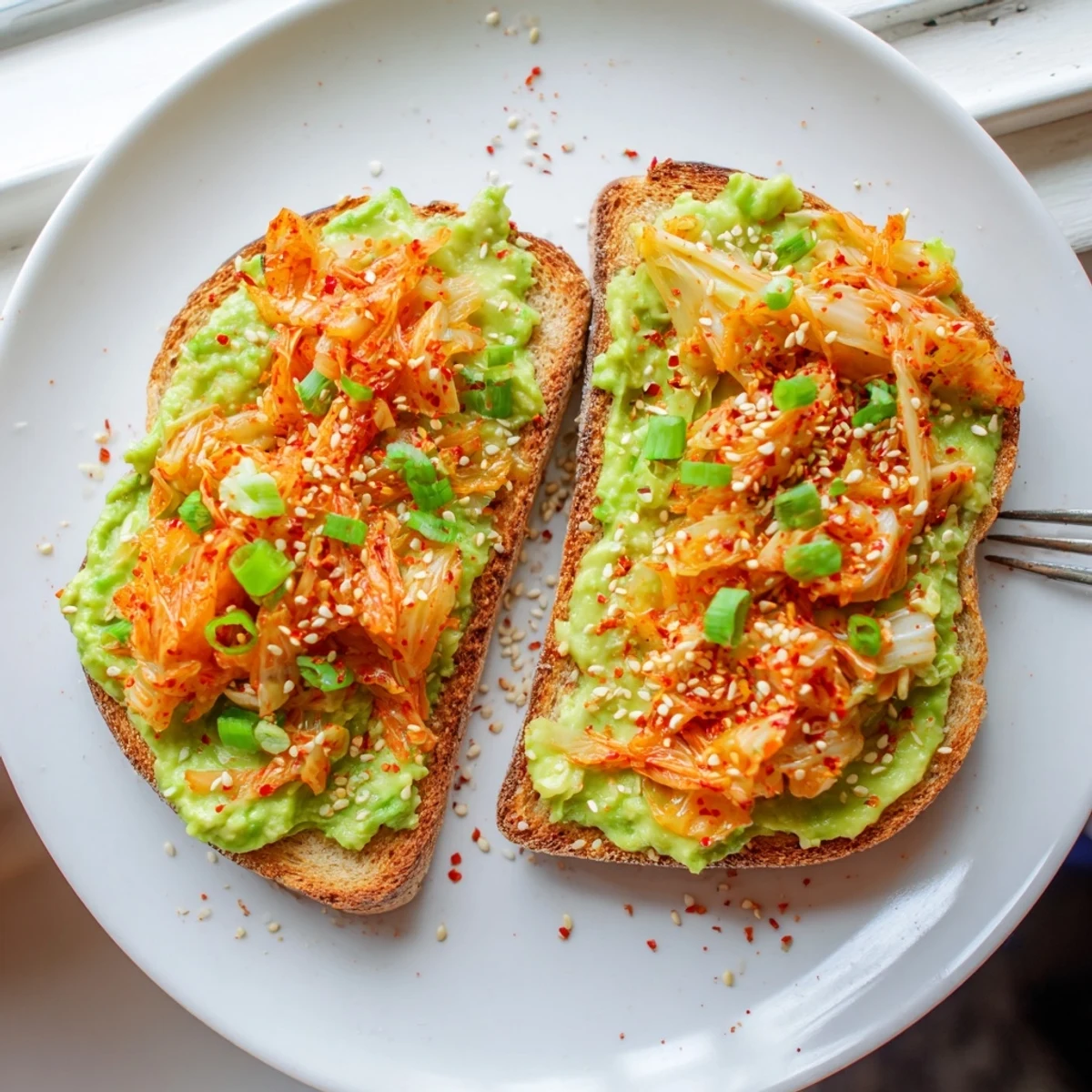 Golden toast layered with smooth avocado and vibrant kimchi garnished with green onions