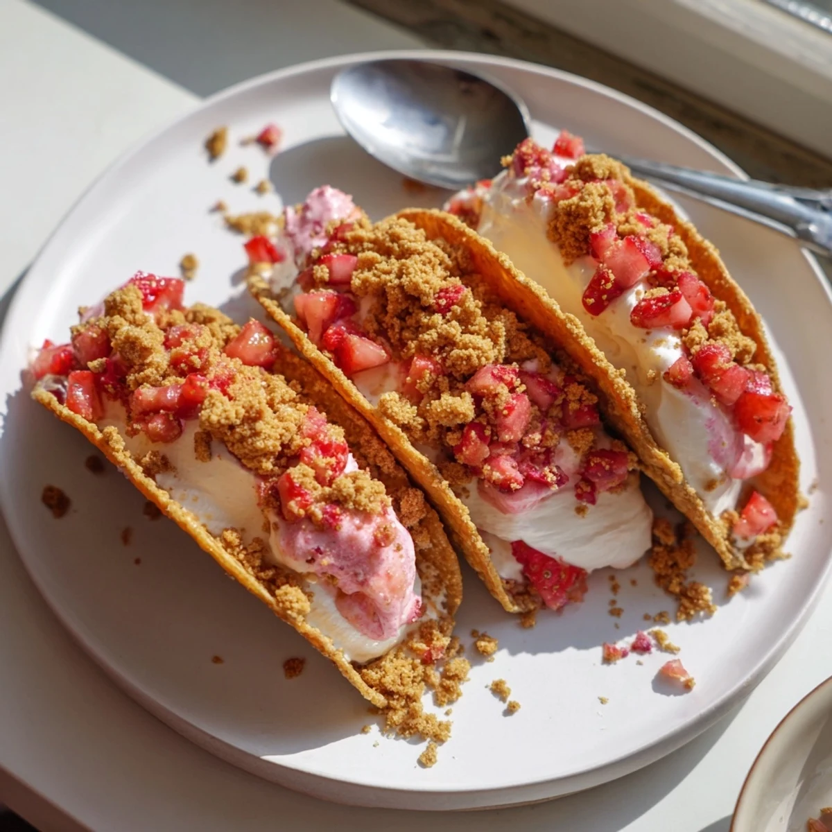 Crispy cinnamon sugar taco shells filled with creamy strawberry crunch cheesecake tacos on a rustic plate