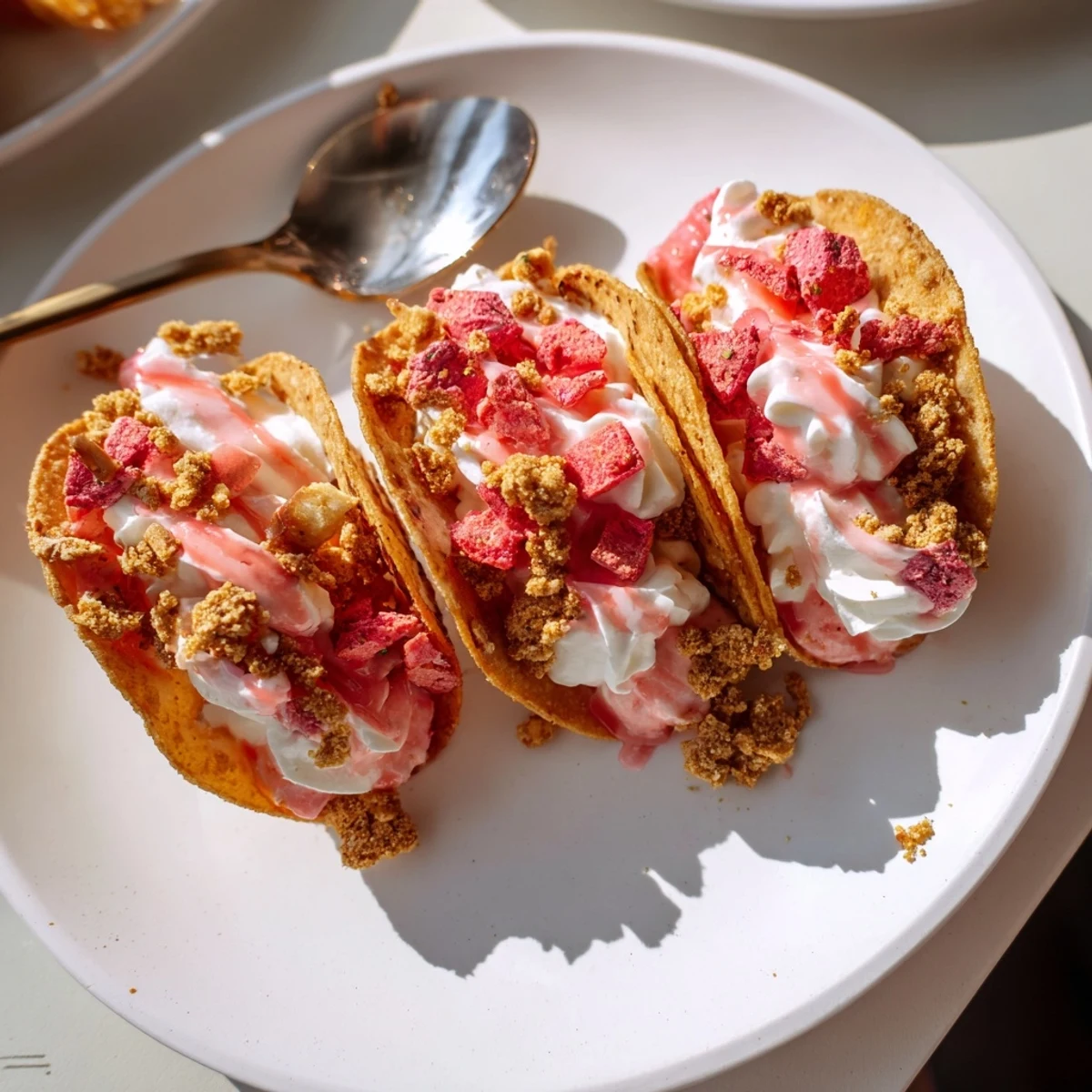 Golden tortilla shells stuffed with fluffy cheesecake and topped with crunchy strawberry crumbs for a party dessert