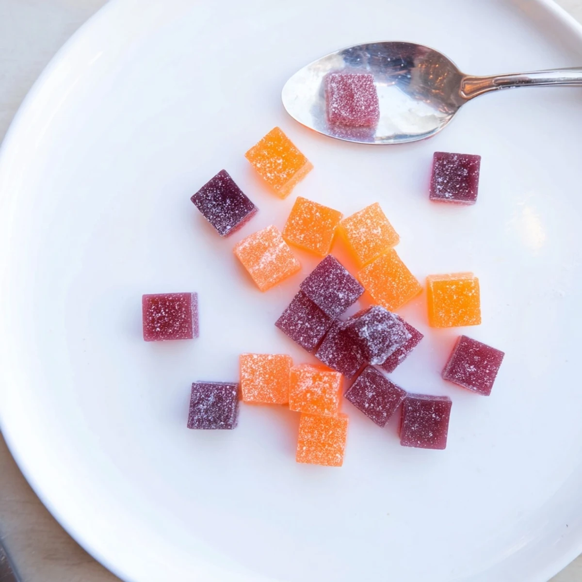 Glistening collagen fruit jellies in vibrant berry hues dusted lightly with cornstarch