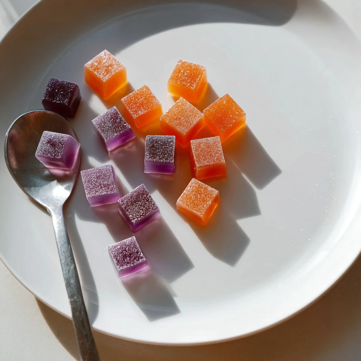 Soft pastel collagen fruit jellies cut into neat squares on a parchment-lined tray