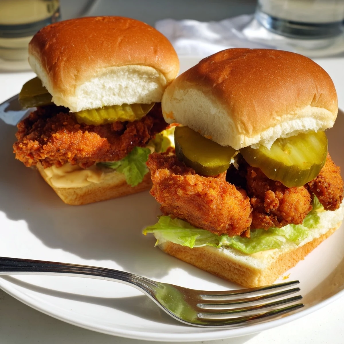 Crispy golden pickle brined fried chicken sliders stacked on soft buns with lettuce and pickles