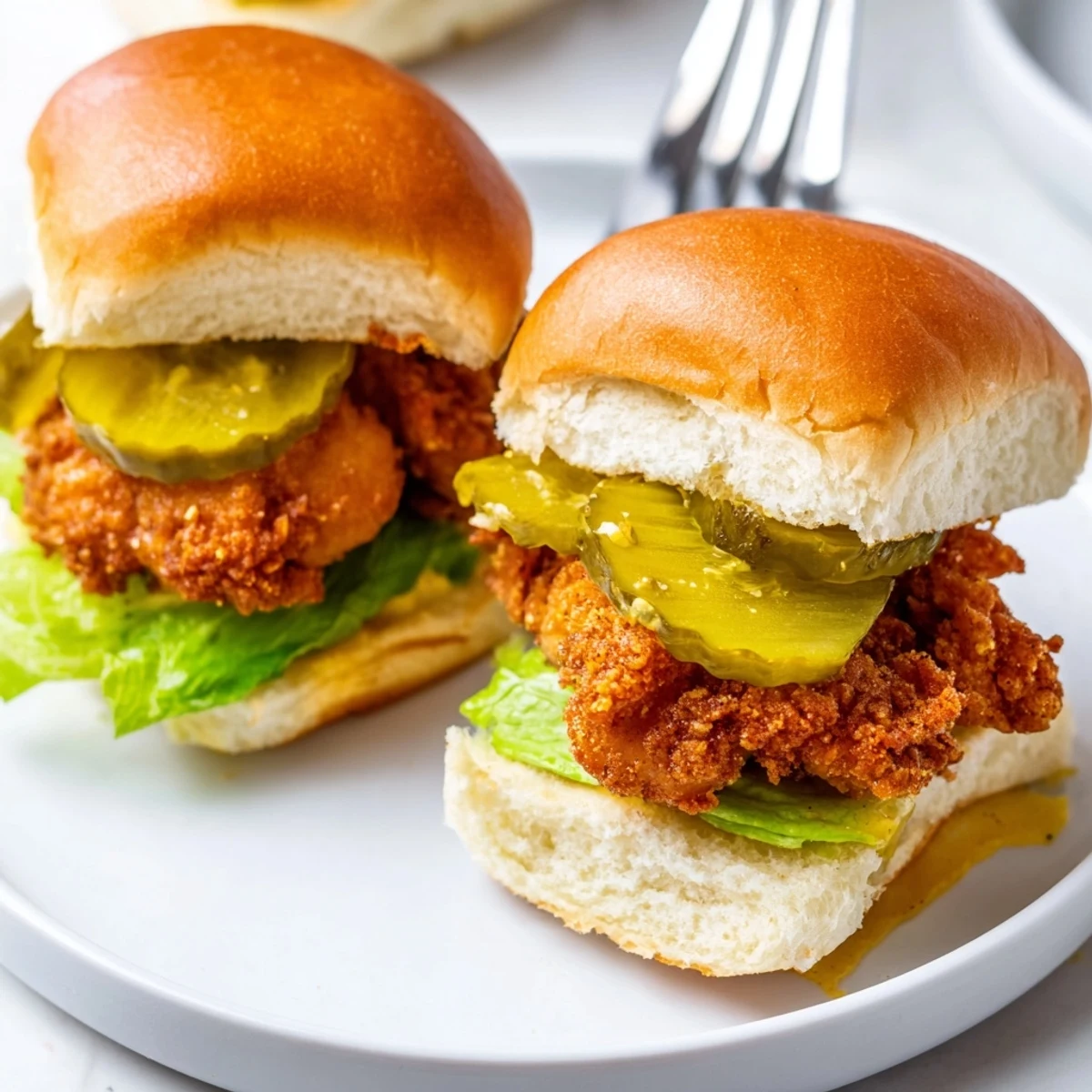 Juicy pickle brined fried chicken sliders drizzled with tangy mustard mayo on toasted slider buns