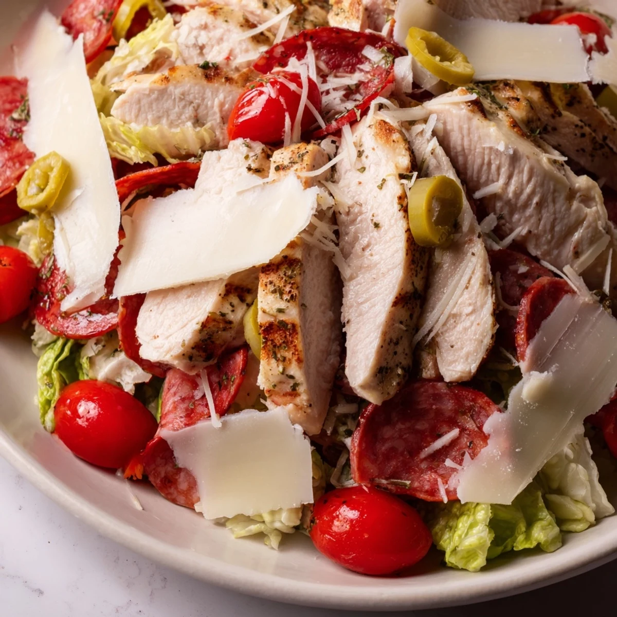 Italian grinder chicken salad piled with crisp romaine, savory salami, and zesty pepperoncini.