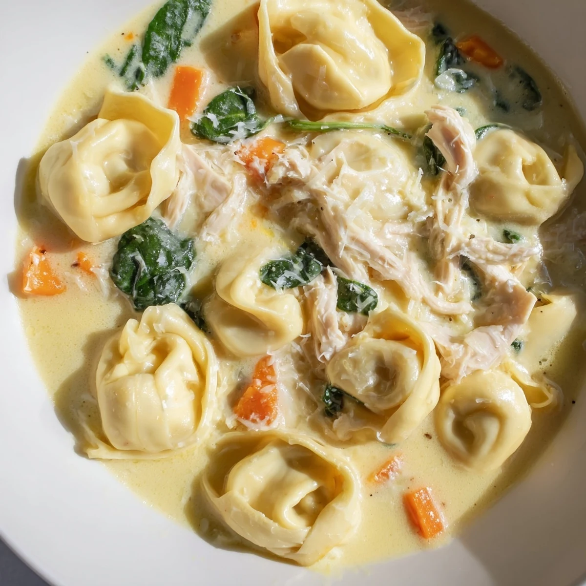 Creamy crockpot chicken tortellini topped with melted Parmesan in a white bowl