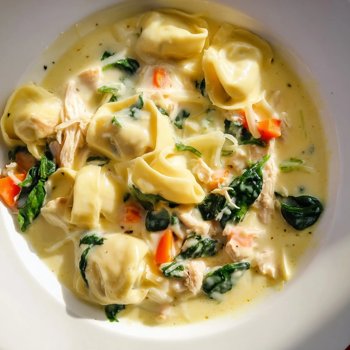 Steaming crockpot chicken tortellini with tender shredded meat spinach and golden carrots