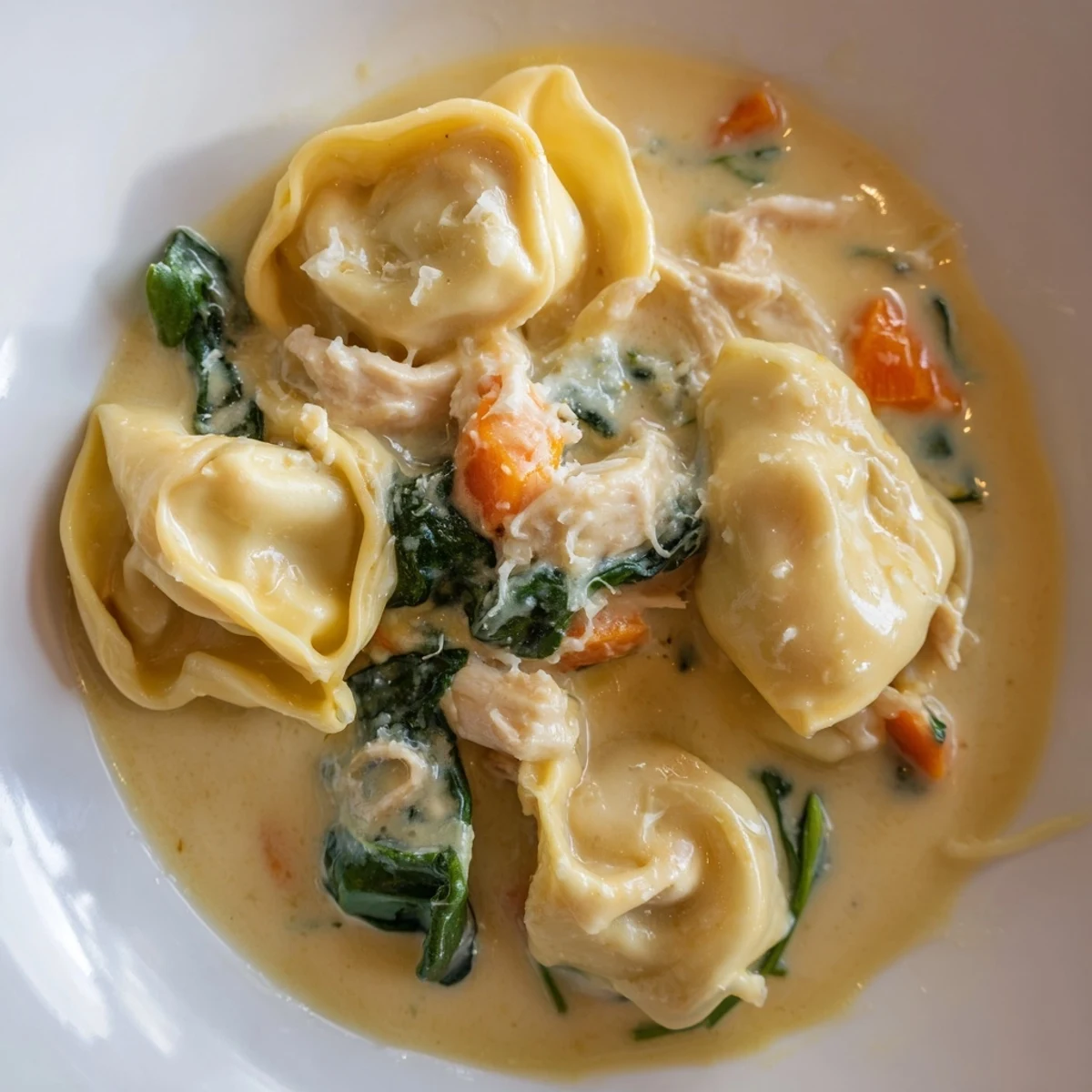 Crockpot chicken tortellini ladled into a rustic bowl with crusty bread alongside