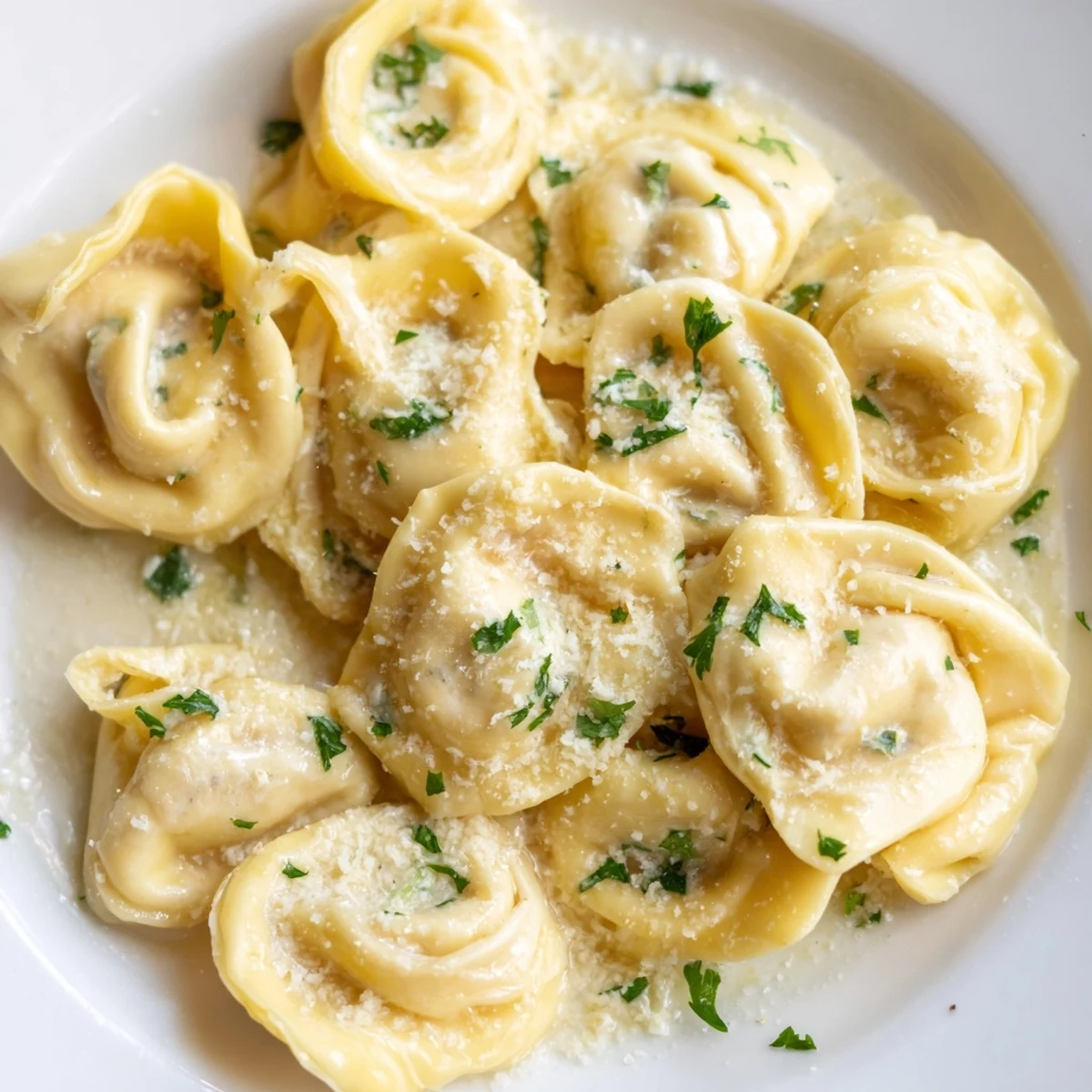 Creamy chicken tortellini garnished with fresh parsley and grated Parmesan in a shallow bowl