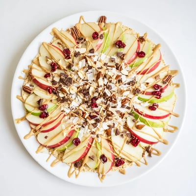 Golden apple slices arranged on a platter with nuts and sweet cinnamon tahini sauce