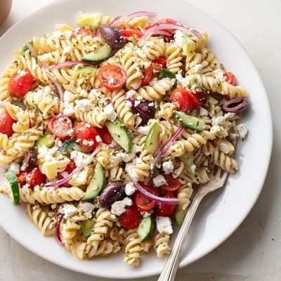 Creamy crumbled feta crowns a bright Greek Pasta Salad garnished with fresh herbs