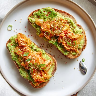 Spicy red kimchi piled over mashed avocado on golden toasted sourdough slices