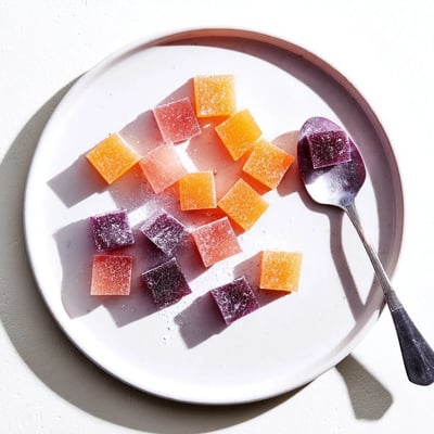 Sparkling jewel-toned collagen fruit jellies nestled in silicone molds ready to chill
