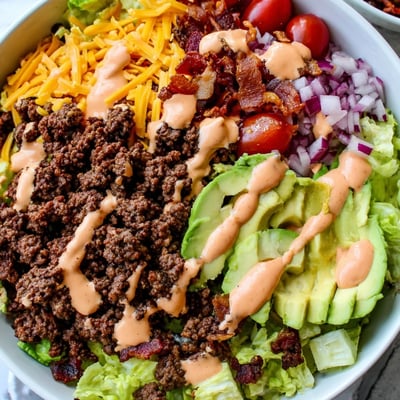 Colorful Burger Bowls topped with tangy pickles, ripe avocado, and creamy sauce